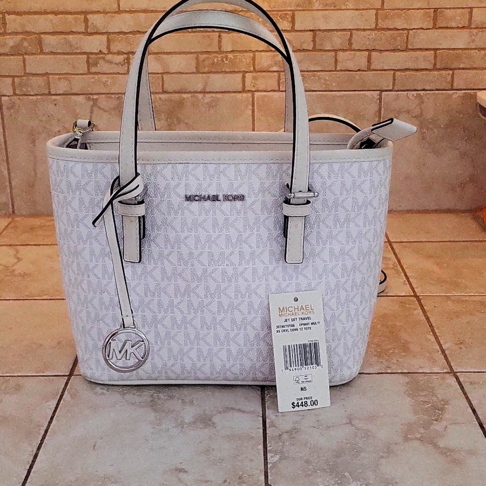 NWT Michael Kors Optic White Signature Jet Set XS Carryall Tote